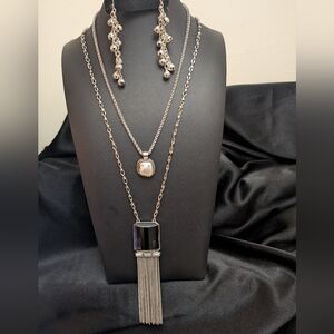 #30. TRENDING! WHBM LONG SILVER & BLACK with Tassels Necklace & Baroque Pearl